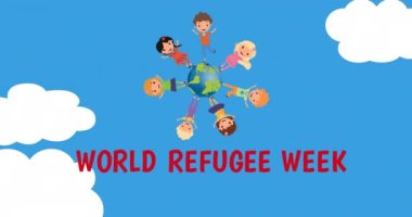 Dünya mülteci haftası animasyonu dünyanın dört bir yanındaki çeşitli çocuklar için. mülteci haftası konsepti dijital olarak oluşturulmuş video.