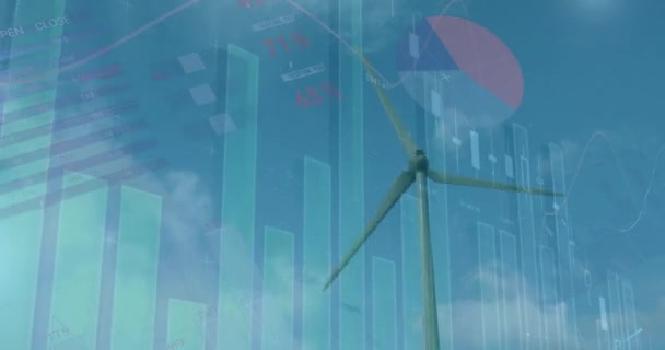 在风力涡轮机上动画图形和财务数据 可再生能源和能源概念数码视频 — 图库视频影像