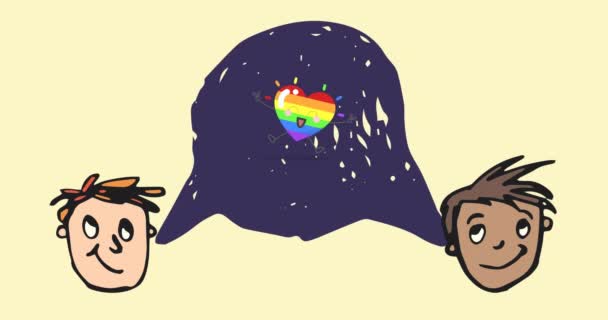 Animación Los Iconos Cara Masculina Corazón Del Arco Iris Sobre — Vídeos de Stock