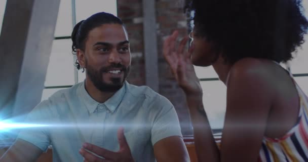 Blue Light Trails African American Male Female Office Colleagues Discussing — Wideo stockowe