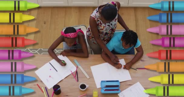 Multiple Colored Pencils African American Mother Helping Her Son His — Wideo stockowe