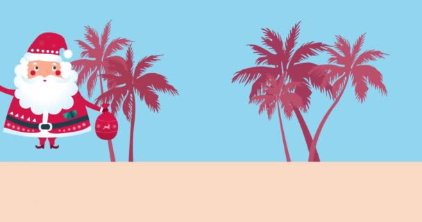 Animation Santa Claus Bell Present Sack Palm Trees Blue Background — Stock Video