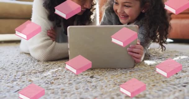 Pink Book Icons Seamless Motion Caucasian Mother Daughter Using Digital — Stok video