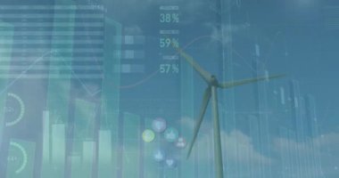 Rüzgar türbininin üzerindeki grafiklerin ve finansal verilerin animasyonu. finans, ekonomi, yenilenebilir kaynaklar ve dijital olarak üretilen enerji konsepti.