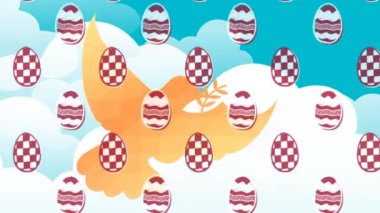 Süslü paskalya yumurtaları, güvercin ikonu ve mavi gökyüzüne karşı kusursuz desenli. Paskalya bayramı ve kutlama konsepti