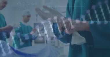 Kafkas kadın ve erkek cerrahların ameliyata hazırlandığı DNA 'nın dönüşümlü hali. sağlık, tıp, bilim ve teknoloji konsepti dijital olarak oluşturulmuş video.