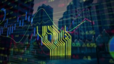 Yüksek binalara karşı mikro işlemci bağlantıları ve finansal veri işleme. küresel finans ve iş teknolojisi kavramı