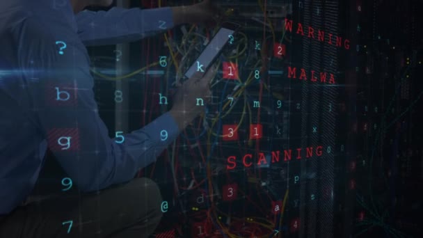 Cyber Security Data Processing Asian Technician Smartphone Working Server Room — Vídeos de Stock