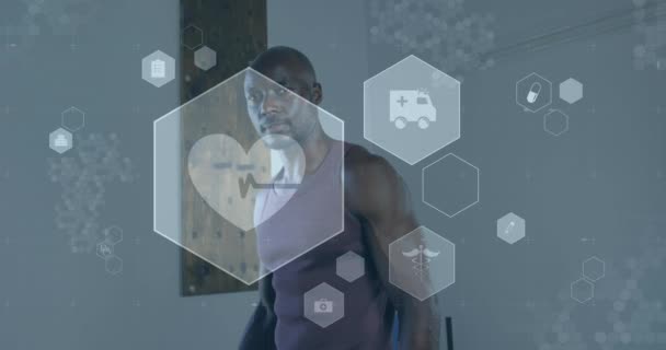 Animation Medical Health Icons African American Man Exercising Gym Active — Stock Video