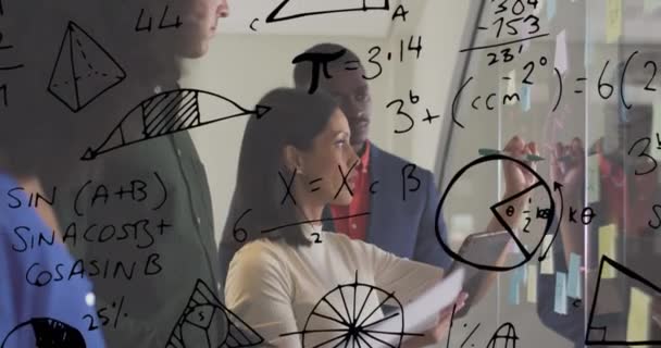 Multiple Mathematical Equations Diverse Office Colleagues Writing Glass Board Office — Stock Video