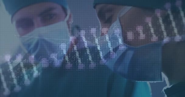 Animation Rotating Dna Caucasian Female Male Surgeons Operation Health Medicine — Stock Video