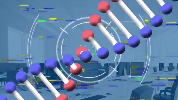 Animacja Pasma Dna Wirującego Skanującego Zakres Nad Pustym Biurem Globalny — Wideo stockowe