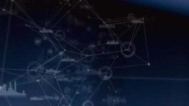 Mavi arkaplan üzerindeki istatistiklerle bağlantı ağının animasyonu. küresel bağlantılar, dijital arayüz ve dijital olarak oluşturulmuş video işleme konsepti.
