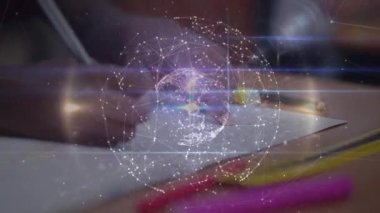 Okul çocuğu yazıları üzerinden bağlantı ağı olan dünyanın animasyonu. küresel eğitim, teknoloji, veri işleme ve dijital olarak üretilen video konsepti.