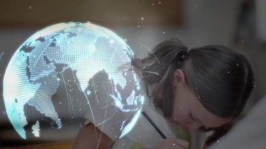 Liseli kız yazıları üzerinden bağlantı ağının animasyonu. küresel eğitim, veri işleme ve dijital olarak oluşturulmuş video konsepti.