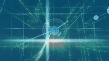 Mavi arkaplan üzerinde simgeler ve veri işleme ile bağlantı ağının animasyonu. küresel bağlantılar, bilgisayar ve dijital arayüz konsepti dijital olarak oluşturulmuş video.