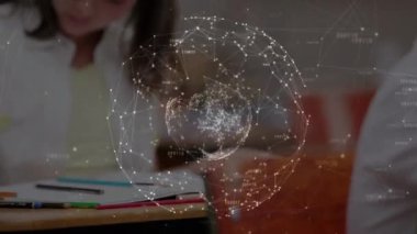 Liseli kız yazıları üzerinden bağlantı ağının animasyonu. küresel eğitim, veri işleme ve dijital olarak oluşturulmuş video konsepti.