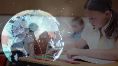 Liseli kız yazıları üzerinden bağlantı ağı olan dünyanın animasyonu. küresel eğitim, dijital arayüz, teknoloji ve ağ konsepti dijital olarak oluşturulmuş video.