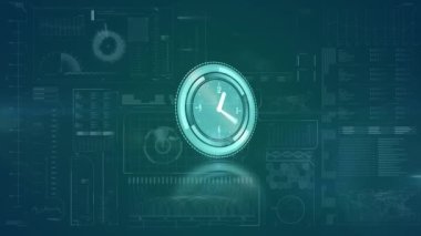 Saatin, verilerin ve istatistiklerin ekranda hızlı ilerlemesinin animasyonu. küresel bağlantılar, dijital arayüz ve dijital olarak oluşturulmuş video işleme konsepti.