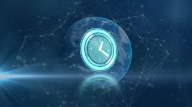 Dünya üzerinde hareket eden saatin animasyonu ve mavi arka plandaki bağlantılar. küresel bağlantılar, zaman, veri işleme ve teknoloji konsepti dijital olarak oluşturulmuş video.