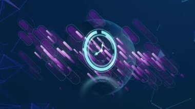 Dünya üzerinde hareket eden saatin animasyonu, mor şekiller, güneş ve donanma arka planı. küresel bağlantılar, zaman, veri işleme ve teknoloji konsepti dijital olarak oluşturulmuş video.