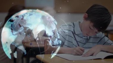 Okul çocuğu yazıları üzerinden bağlantı ağı olan bir dünya animasyonu. küresel eğitim, teknoloji, veri işleme ve dijital olarak üretilen video konsepti.