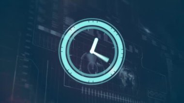 Saatin, verilerin ve istatistiklerin ekranda hızlı ilerlemesinin animasyonu. küresel bağlantılar, dijital arayüz ve dijital olarak oluşturulmuş video işleme konsepti.