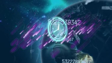 Dünya üzerinde hareket eden saatin animasyonu, donanma arka planında mor şekiller ve numaralar. küresel bağlantılar, zaman, veri işleme ve teknoloji konsepti dijital olarak oluşturulmuş video.