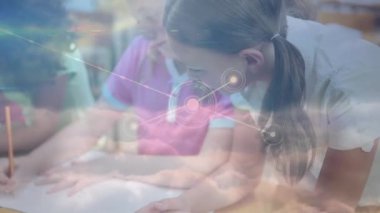 Bayan öğretmen ve kız öğrenci yazarları arasındaki bağlantı ağının animasyonu. küresel eğitim, teknoloji, veri işleme ve dijital olarak üretilen video konsepti.