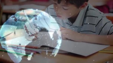 Okul çocuğu yazıları üzerinden bağlantı ağı olan bir dünya animasyonu. küresel eğitim, teknoloji, veri işleme ve dijital olarak üretilen video konsepti.