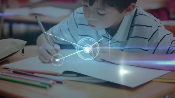 Animation Network Connections Schoolboy Writing Global Education Technology Data Processing — Stock Video