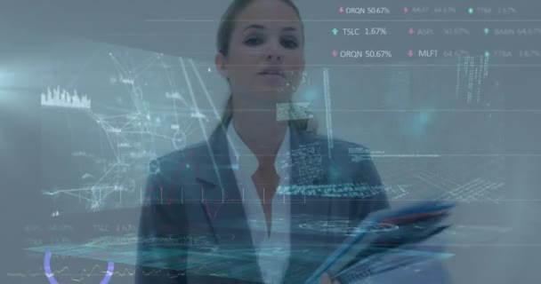 Animation Financial Data Caucasian Businesswoman Documents Global Business Finance Economy — Vídeos de Stock