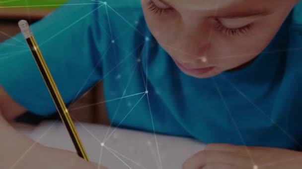 Network Connections Caucasian Boy Drawing His Book School Back School — Video Stock