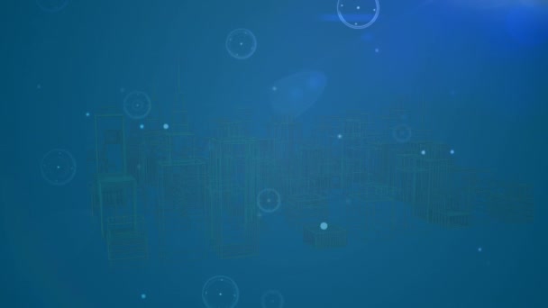 蓝色背景下数字城市上连接网络的动画 全球连接 计算和数字接口概念数字生成的视频 — 图库视频影像