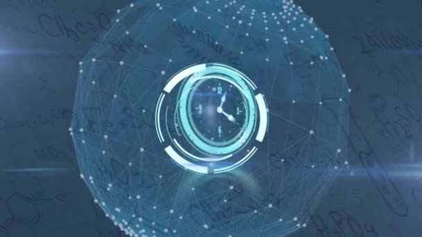 时钟在地球上移动的动画 蓝色背景上的连接和化学图标 全球连接 数据处理和数字视频技术概念 — 图库视频影像