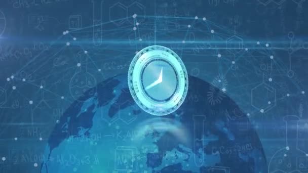Animacja Zegara Poruszającego Się Globie Połączeń Ikon Chemicznych Niebieskim Tle — Wideo stockowe