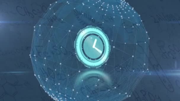 时钟在地球上移动的动画 蓝色背景上的连接和化学图标 全球连接 数据处理和数字视频技术概念 — 图库视频影像