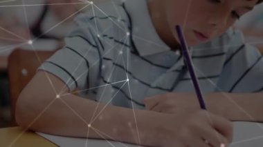 Okul çocuğu yazıları üzerinden bağlantı ağının animasyonu. küresel eğitim, dijital arayüz, teknoloji ve ağ konsepti dijital olarak oluşturulmuş video.