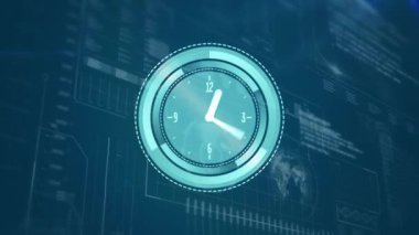 Saatin, verilerin ve istatistiklerin ekranda hızlı ilerlemesinin animasyonu. küresel bağlantılar, dijital arayüz ve dijital olarak oluşturulmuş video işleme konsepti.