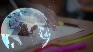 Okul çocuğu yazıları üzerindeki bağlantı ağının dünya çapındaki animasyonu. küresel eğitim, dijital arayüz, teknoloji ve ağ konsepti dijital olarak oluşturulmuş video.