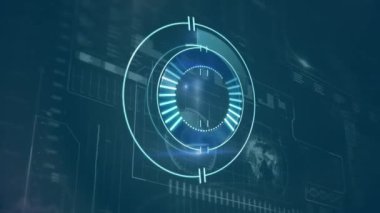 Ekranda tarama, veri ve istatistik işleme animasyonu. küresel bağlantılar, dijital arayüz ve dijital olarak oluşturulmuş video işleme konsepti.