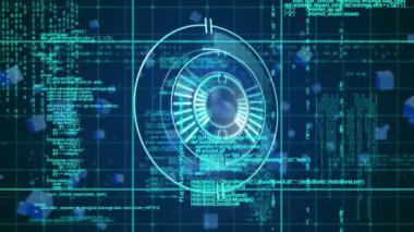 Mavi arkaplandaki veri işlemesine karşı neon yuvarlak tarayıcının dijital animasyonu. dijital arayüz teknolojisi kavramı