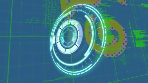 数字动画的霓虹灯圆形扫描仪和数据处理及抽象形状的蓝色背景 数码界面及科技概念 — 图库视频影像