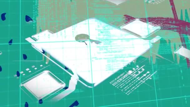 Цифровая Анимация Значка Замка Безопасности Против Абстрактных Форм Обработки Данных — стоковое видео