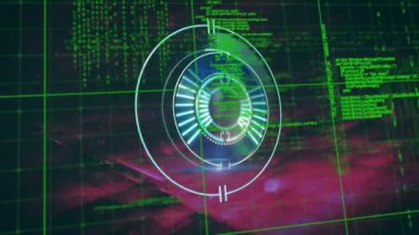 Neon yuvarlak tarayıcının dijital animasyonu ve pembe arka planda veri işleme. dijital arayüz teknolojisi kavramı