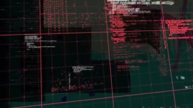 Mavi arkaplandaki soyut renkli şekillere karşı veri işleme dijital animasyonu. dijital arayüz teknolojisi kavramı