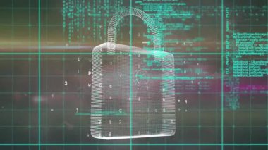 Neon güvenlik kilidi simgesine karşı veri işleme ağının dijital animasyonu. dijital arayüz ve siber güvenlik teknolojisi kavramı