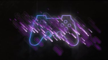 Mor ışık yollarının üzerine siyah arkaplana düşen neon oyun denetleyici simgesi. oyun ve eğlence teknolojisi kavramı