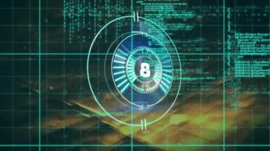 Sarı arkaplandaki veri işlemesine karşı neon yuvarlak tarayıcının dijital animasyonu. dijital arayüz teknolojisi kavramı