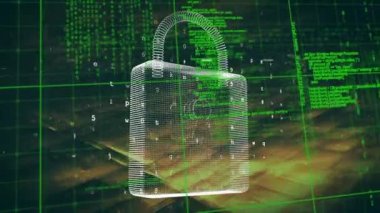 Siyah arkaplandaki veri işlemesine karşı güvenlik asma kilidi simgesinin dijital animasyonu. dijital arayüz ve teknoloji kavramı